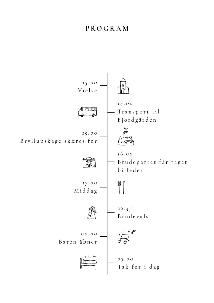 Bryllup - Asta og Mads, asymmetrisk tidslinje, håndtegnet 